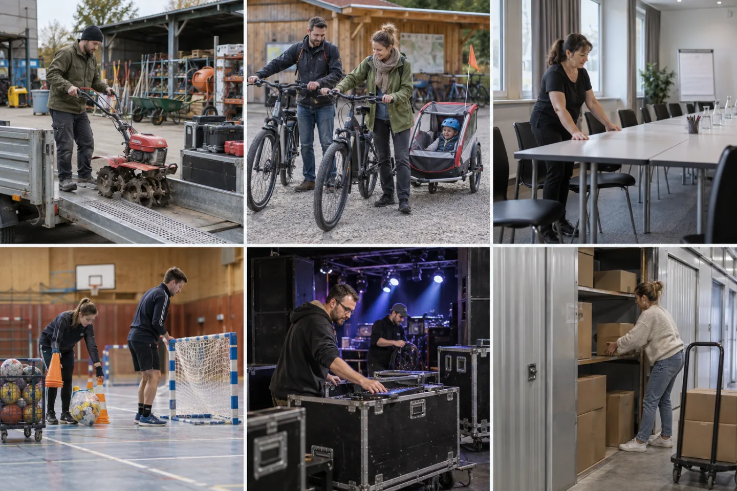 Dokumentarische Bildfolge aus Werkzeugbetrieb, Seminarraum, Sporthalle und Veranstaltungstechnik